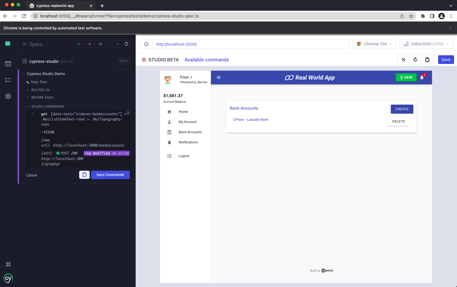 Cypress Studio Add Test Create Bank Account